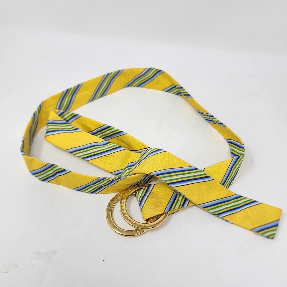 Ralph Lauren Double O Ring Belt Women's M Yellow Striped Linen Gold
